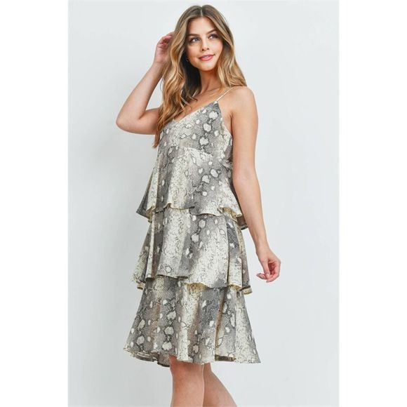 Snake Skin Tiered Ruffle Spaghetti Strap Dress - Picture 2 of 5